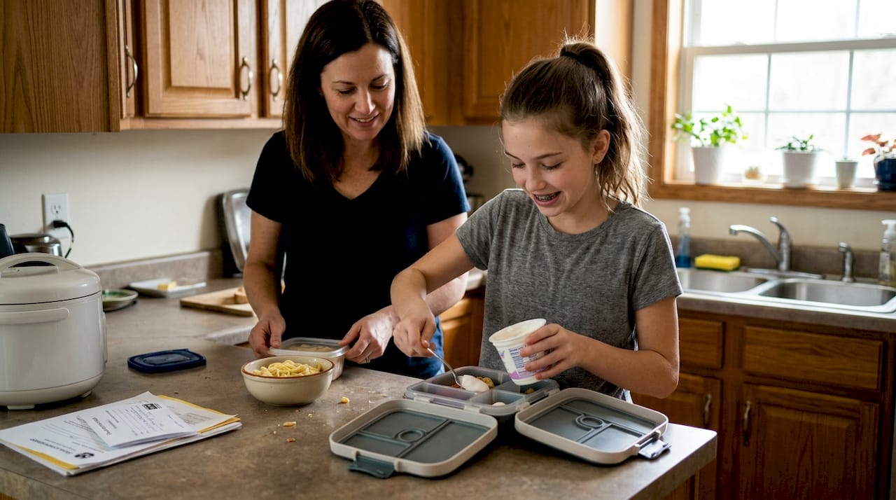 Family packing braces-friendly lunch in kitchen