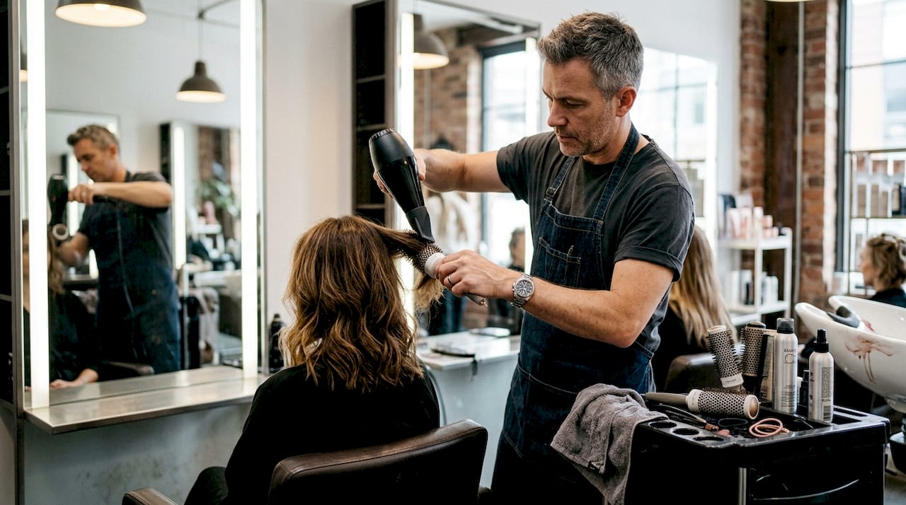 Stylist demonstrates brush and dryer technique