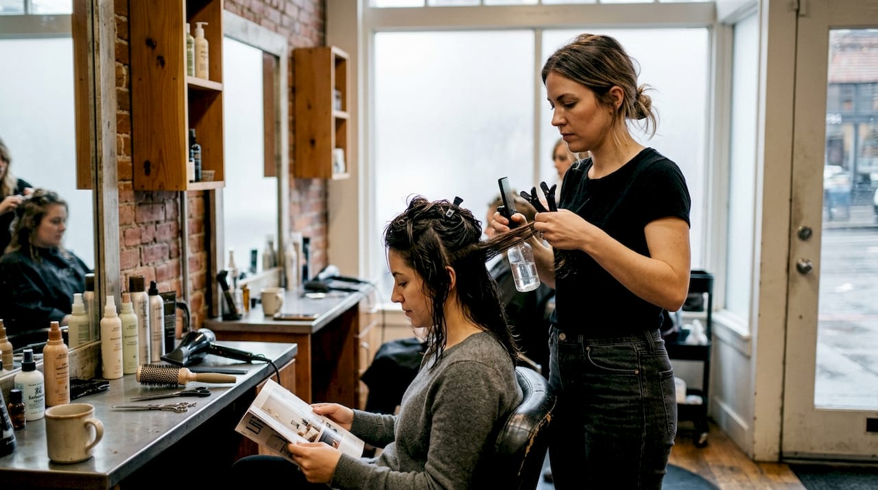 Stylist prepping hair for blowout in salon