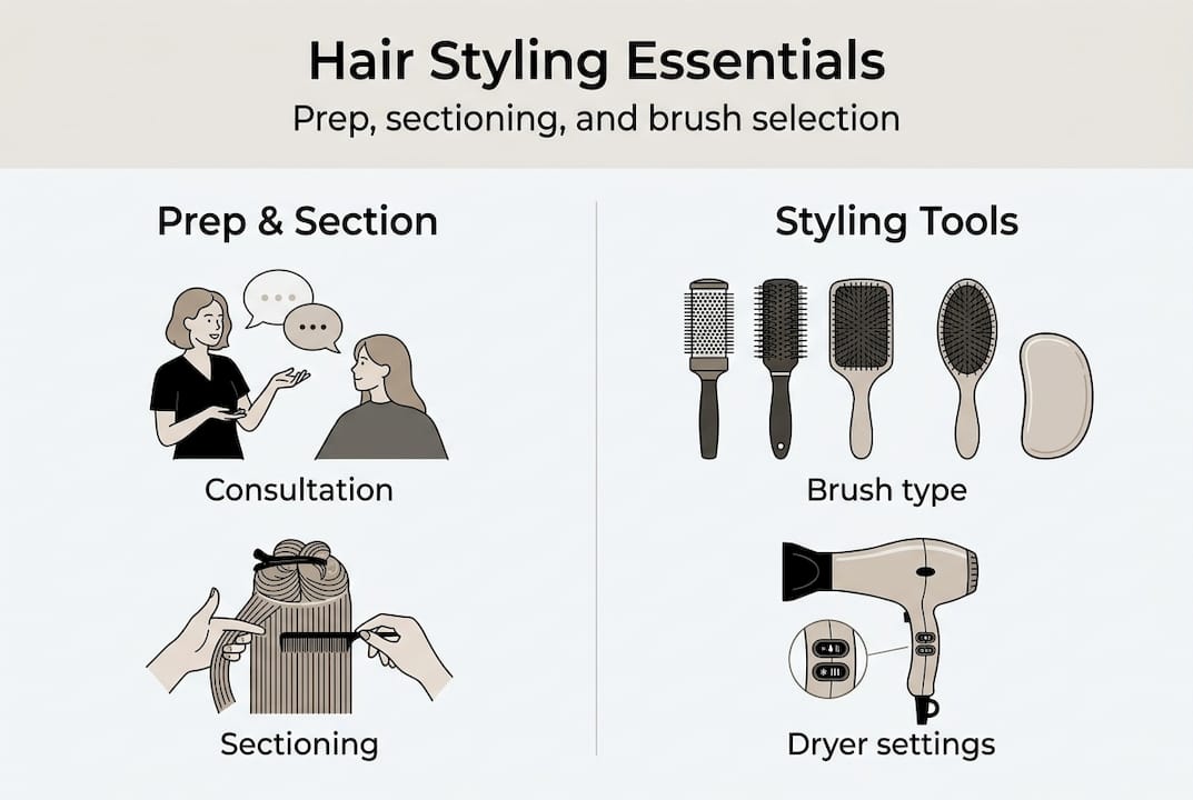 Infographic hair styling key steps and tools