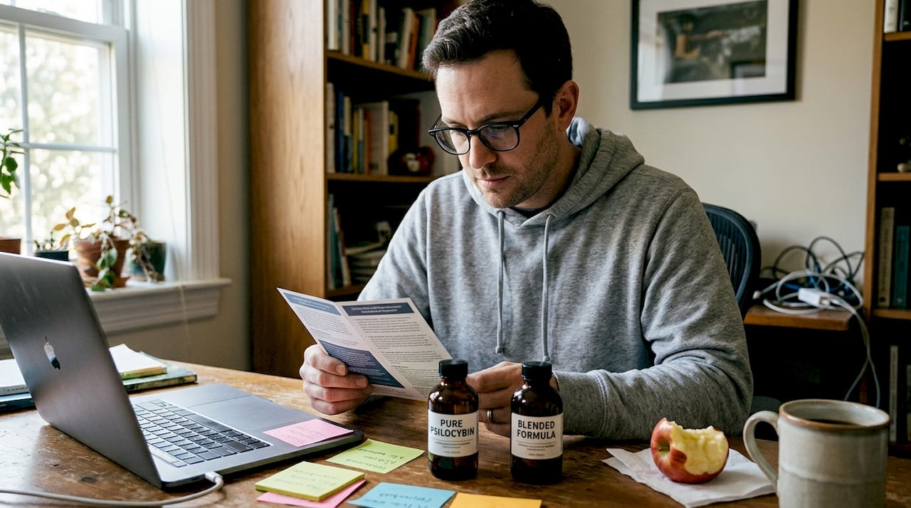 Man comparing pure and blended psilocybin bottles