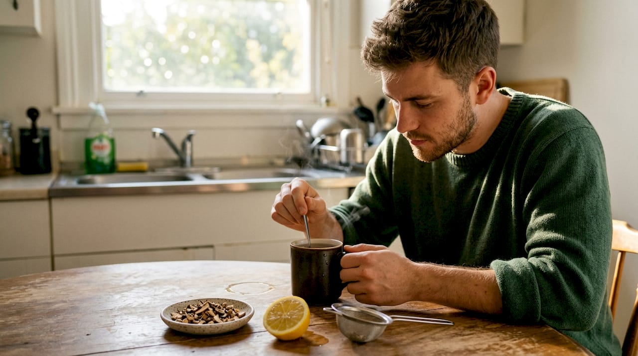 Man preparing mushroom tea with lemon at kitchen table