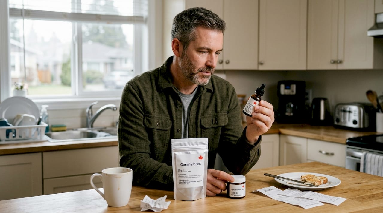 Man comparing cannabis edibles and tinctures