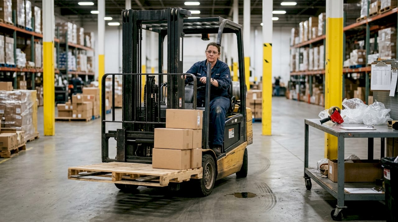 Forklift carrying pallet low in warehouse aisle