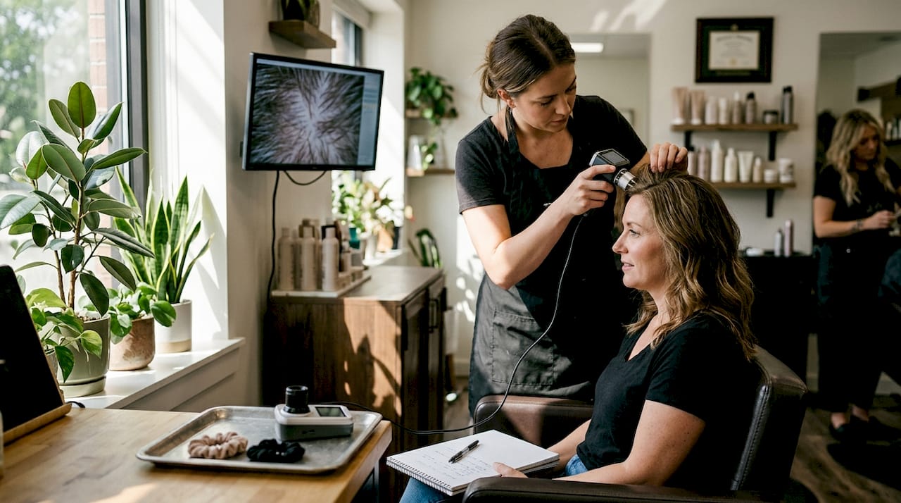 Stylist performing scalp analysis with monitor display