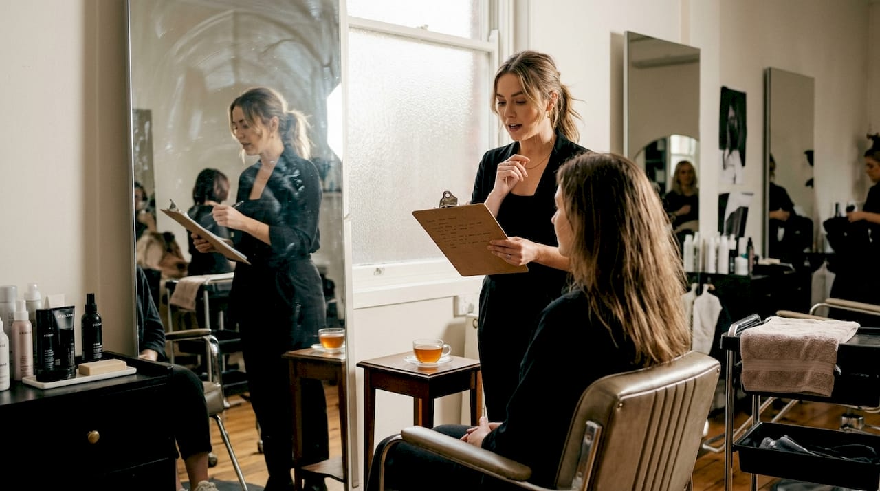 Stylist consulting with salon client by mirror