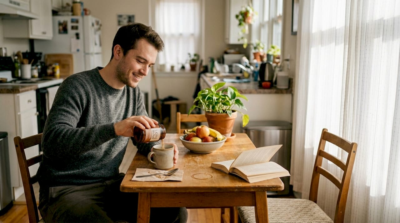 Man adding mushroom powder to morning drink
