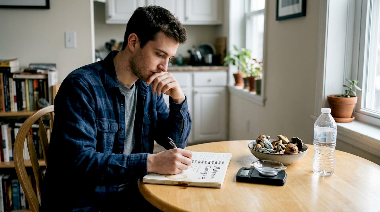 Man recording mushroom dosing notes in kitchen