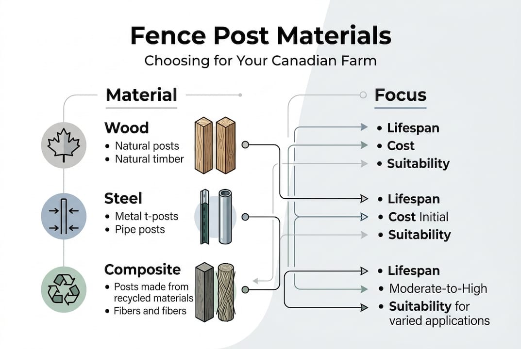 Infographic comparing fence post materials and focus