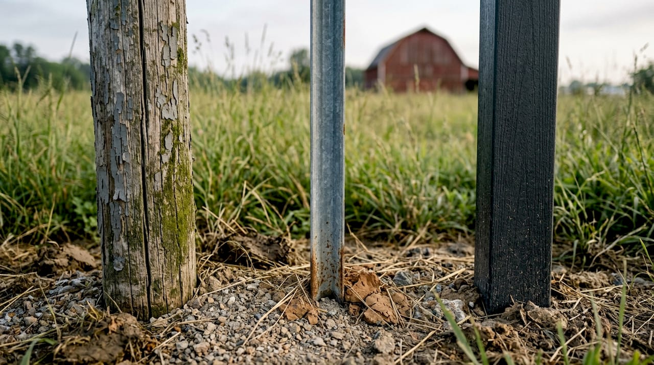 Three types of fence posts in soil