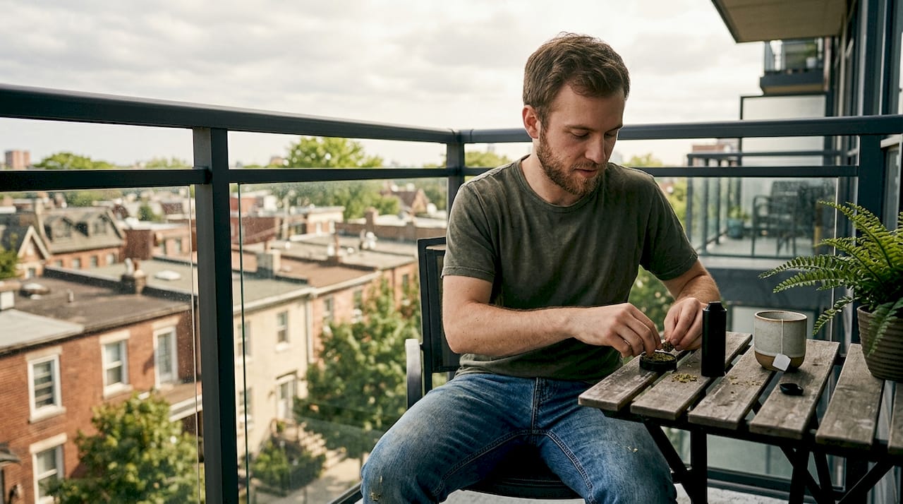 Man prepares to vape cannabis flower outdoors