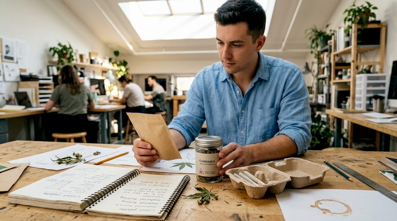 Designer testing eco-friendly cannabis packaging samples