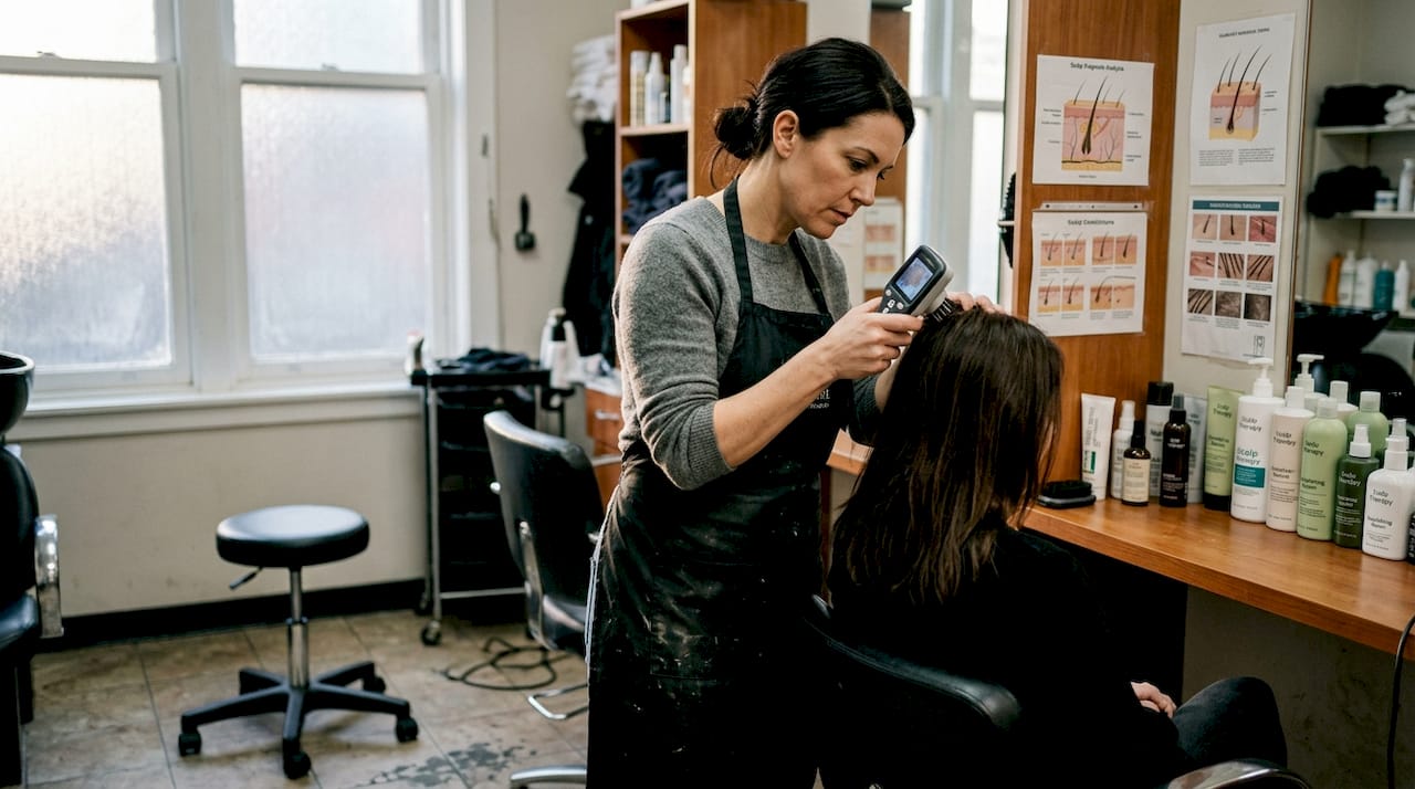 Stylist performing scalp analysis with tool