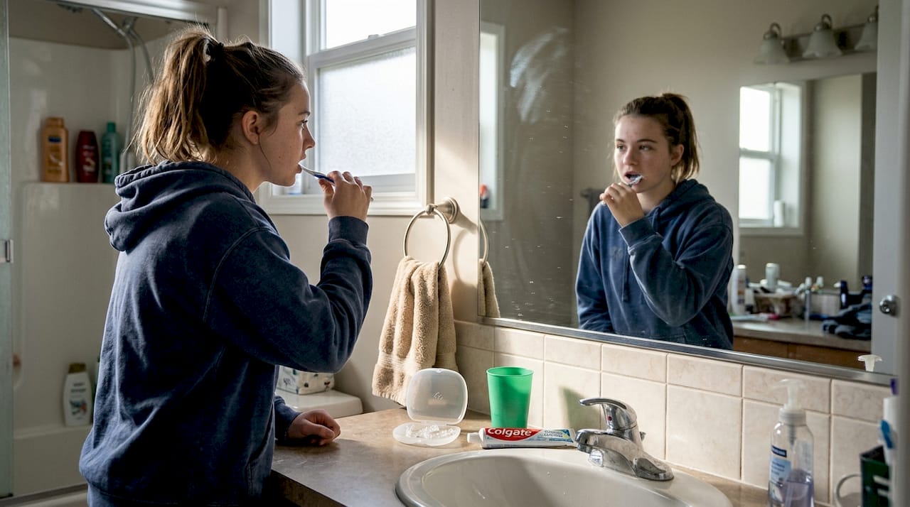 Teen girl brushing teeth with aligner case nearby