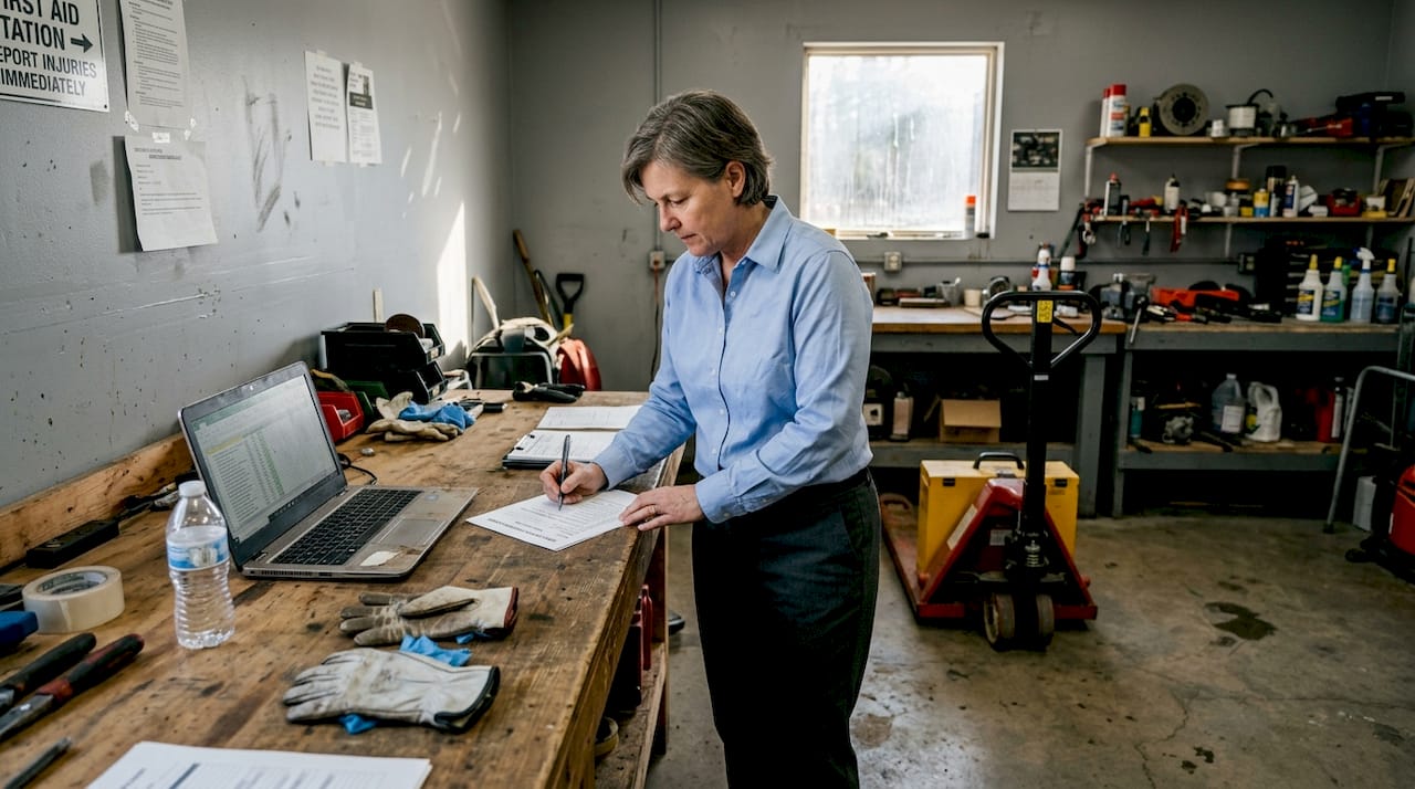 Safety officer checking OSHA list with pallet jack