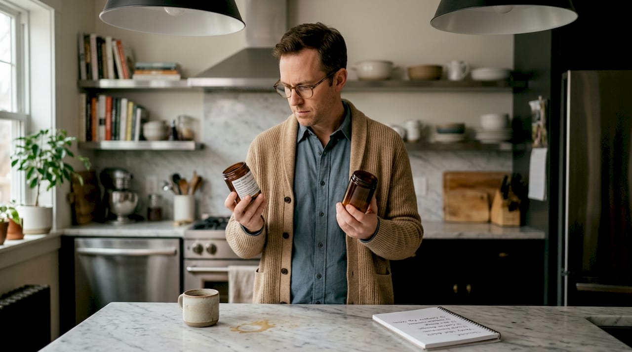 Man inspecting labeled mushroom product in kitchen