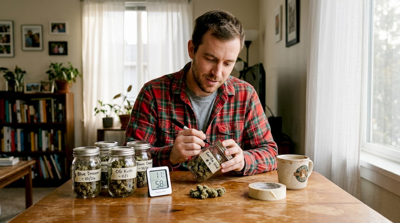 Man labeling glass jars for cannabis storage