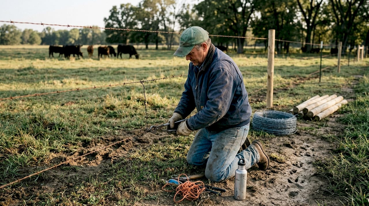 Rancher adjusting bottom fence wire for coyotes