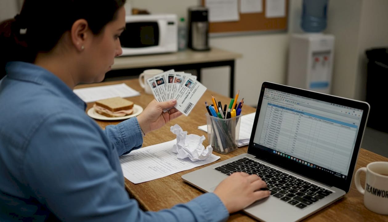 HR specialist reviewing laminated forklift cards