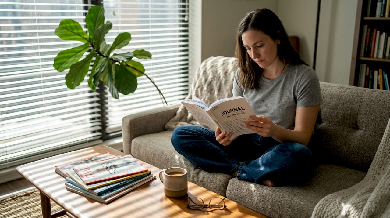 Person reading mental health journal on couch
