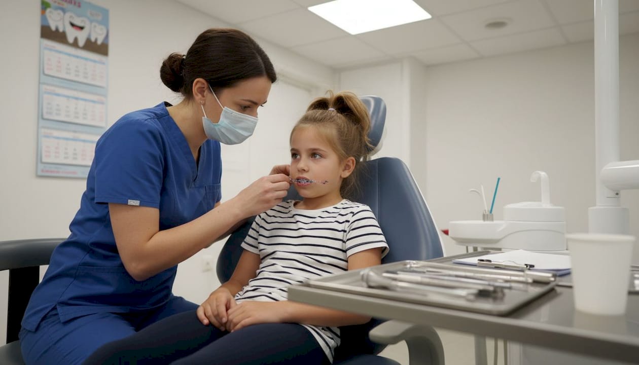 Girl receiving braces check-up at orthodontist