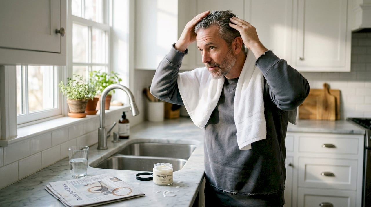 Man applies conditioning mask in kitchen