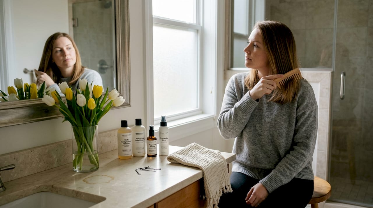 Woman combs hair at bathroom vanity