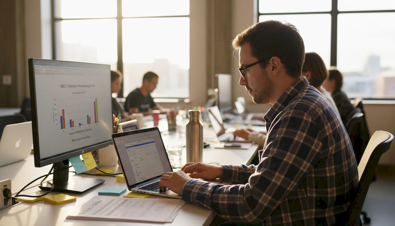 Man entering survey data in workspace