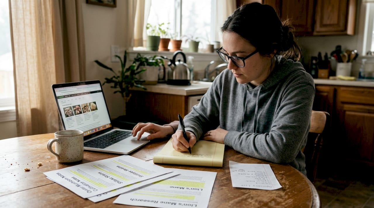 Woman comparing mushroom strains in cozy kitchen