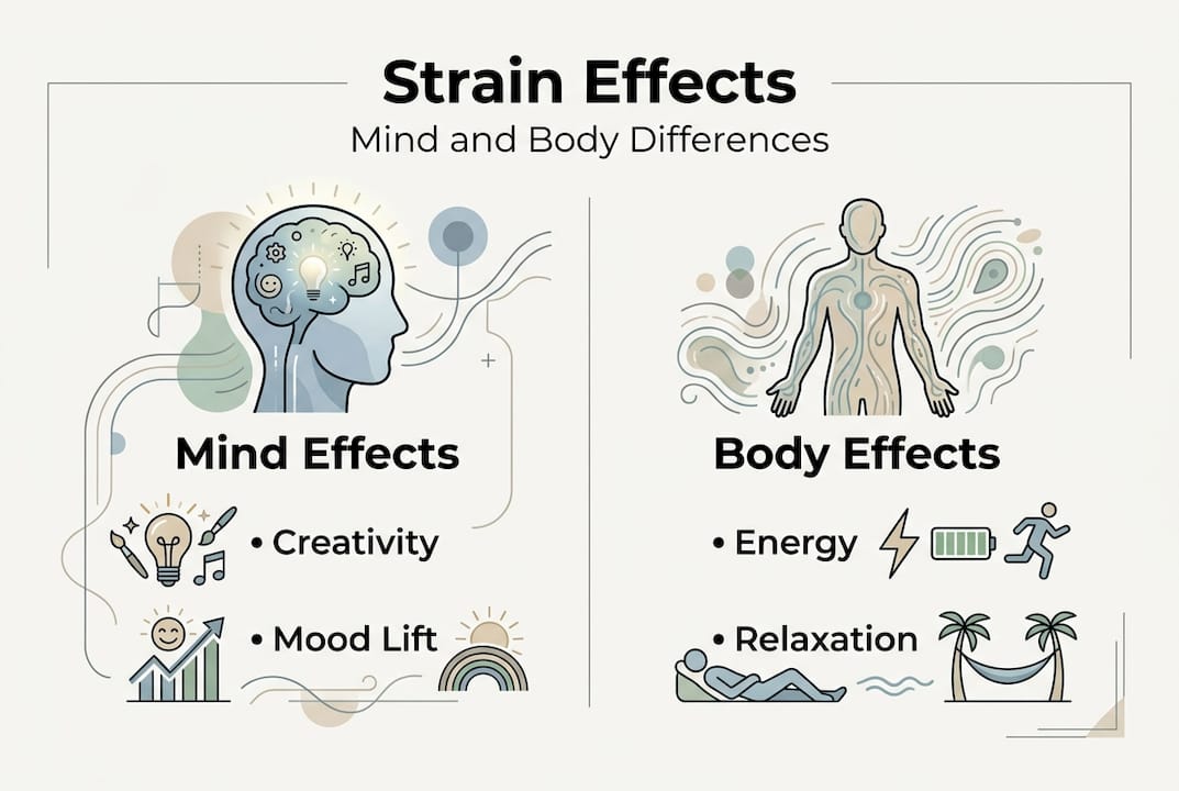 Infographic summarizing mind and body effects of mushroom strains