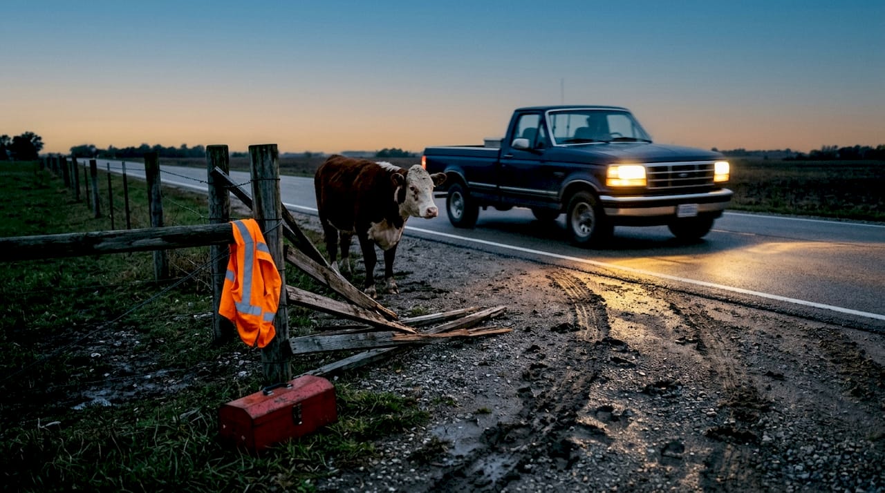 Cow near broken fence by rural highway at dusk