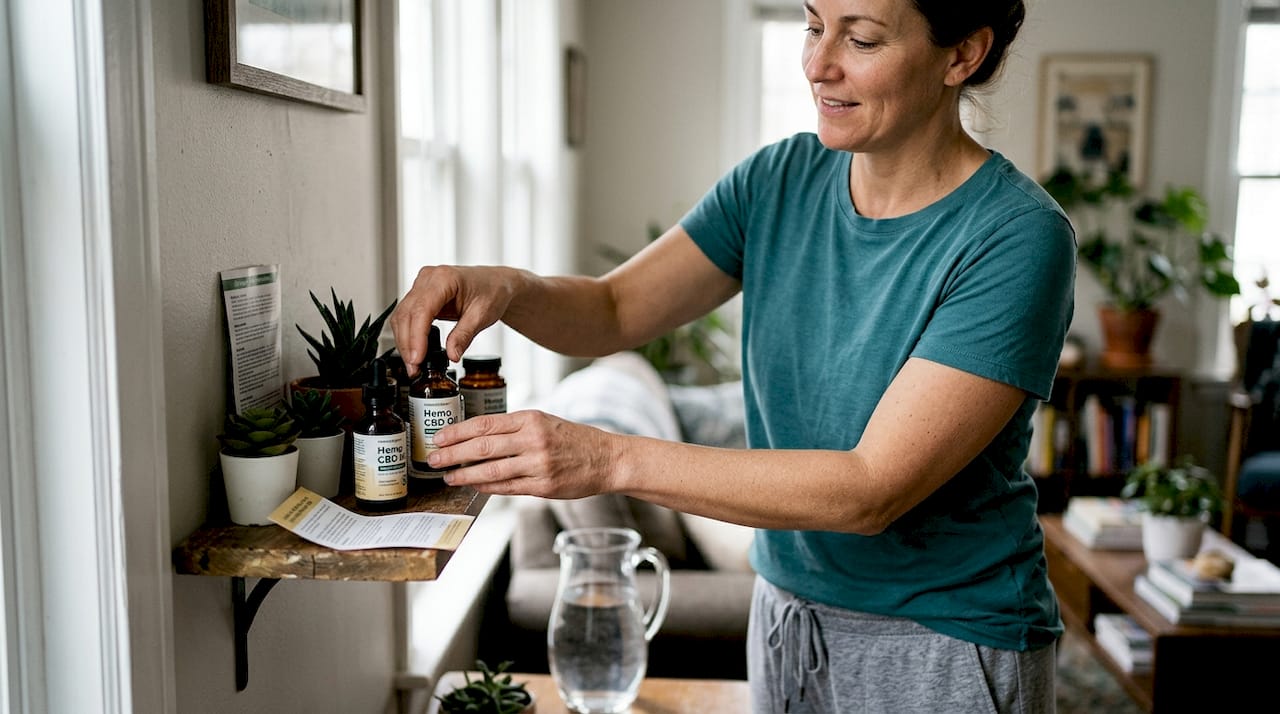 Woman organizing CBD and THC hemp products on shelf