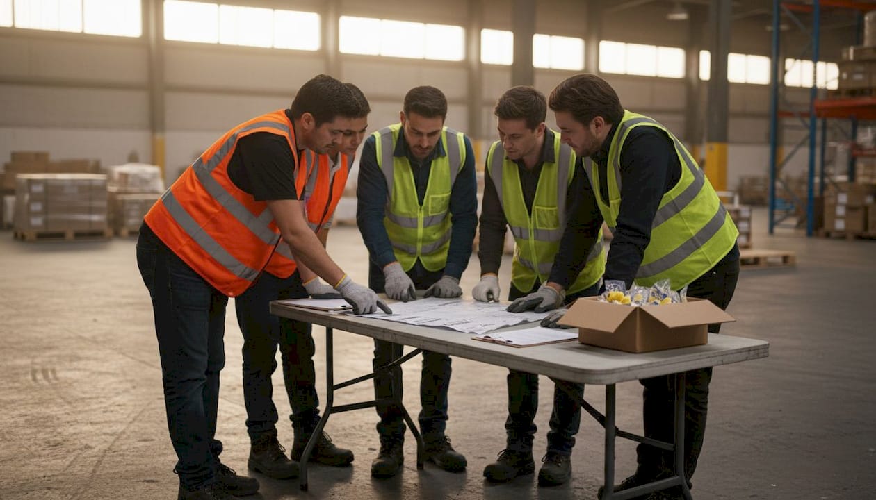 Warehouse team reviewing safety checklist together