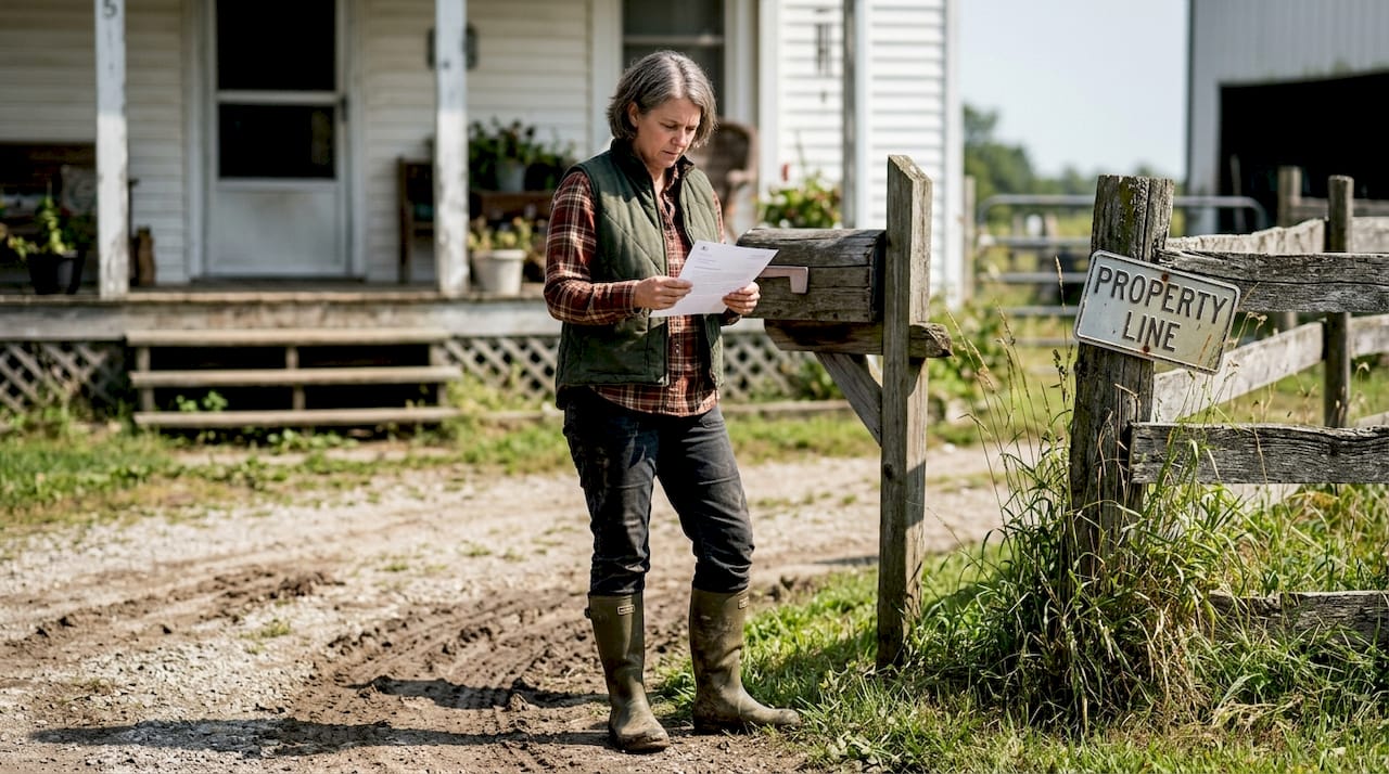 Woman reading fence boundary notice Ontario