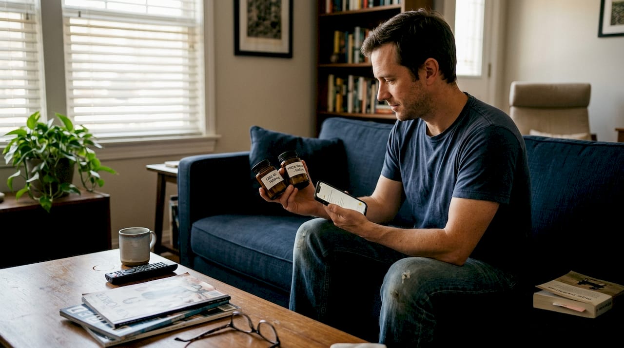 Man evaluating CBD and THCa jars at home