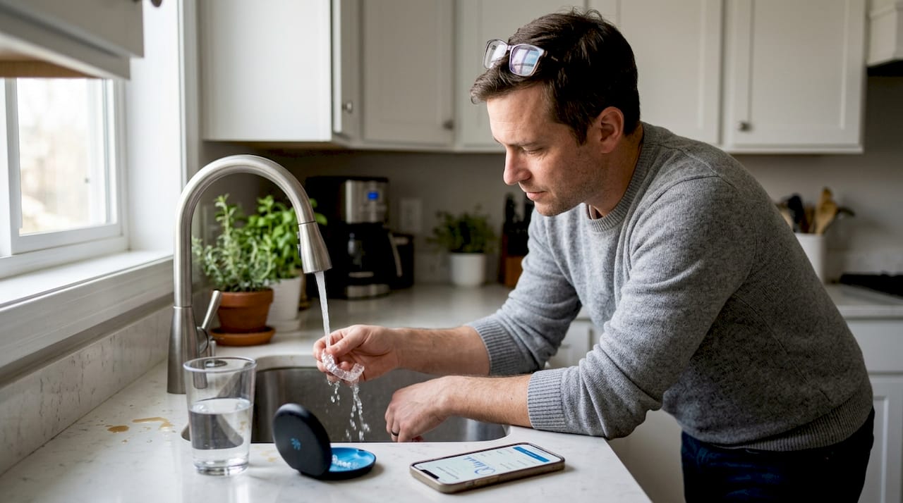 Man cleaning Invisalign in home kitchen scene