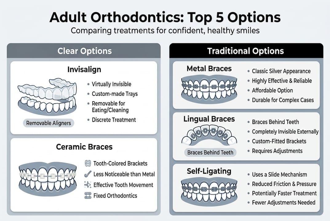 Infographic comparing five adult orthodontic treatments