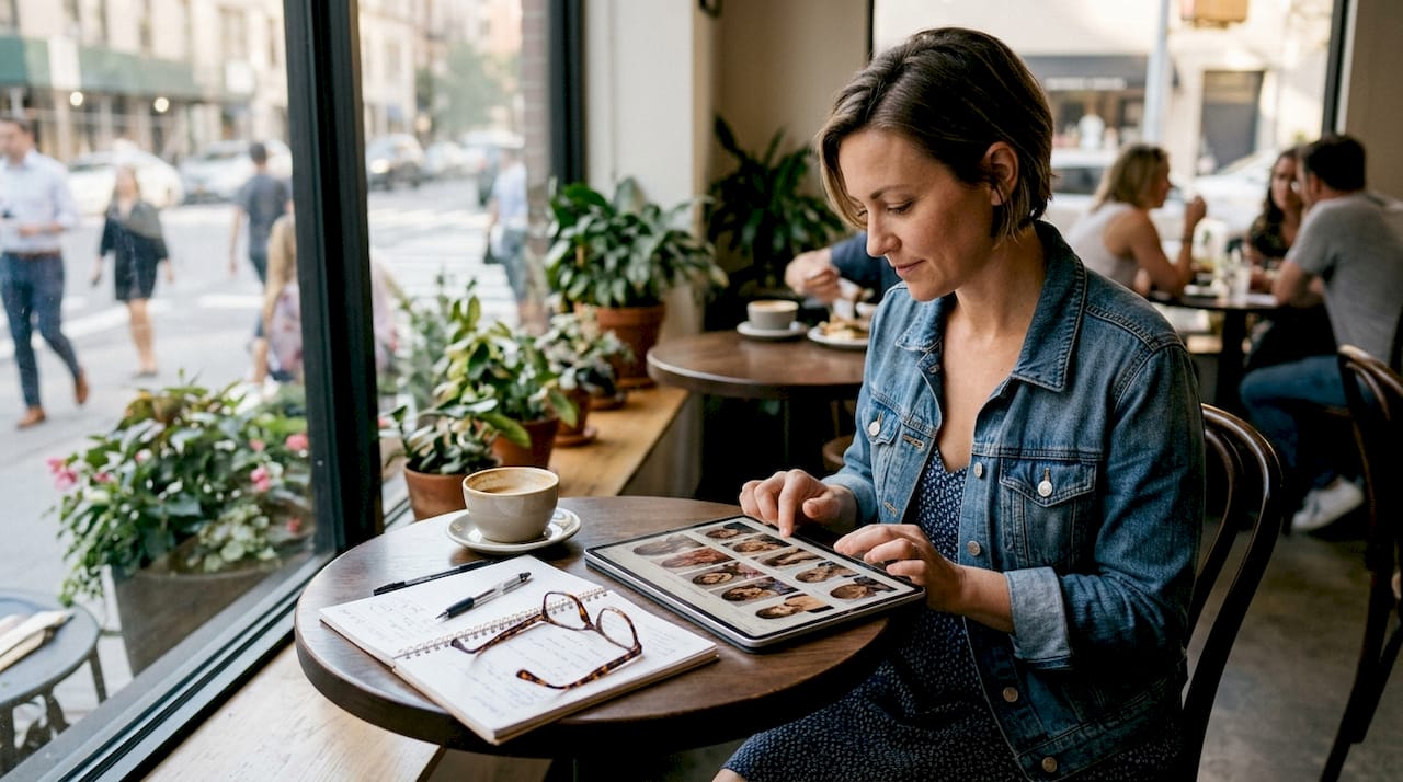 Woman reviews hair artist portfolio on tablet