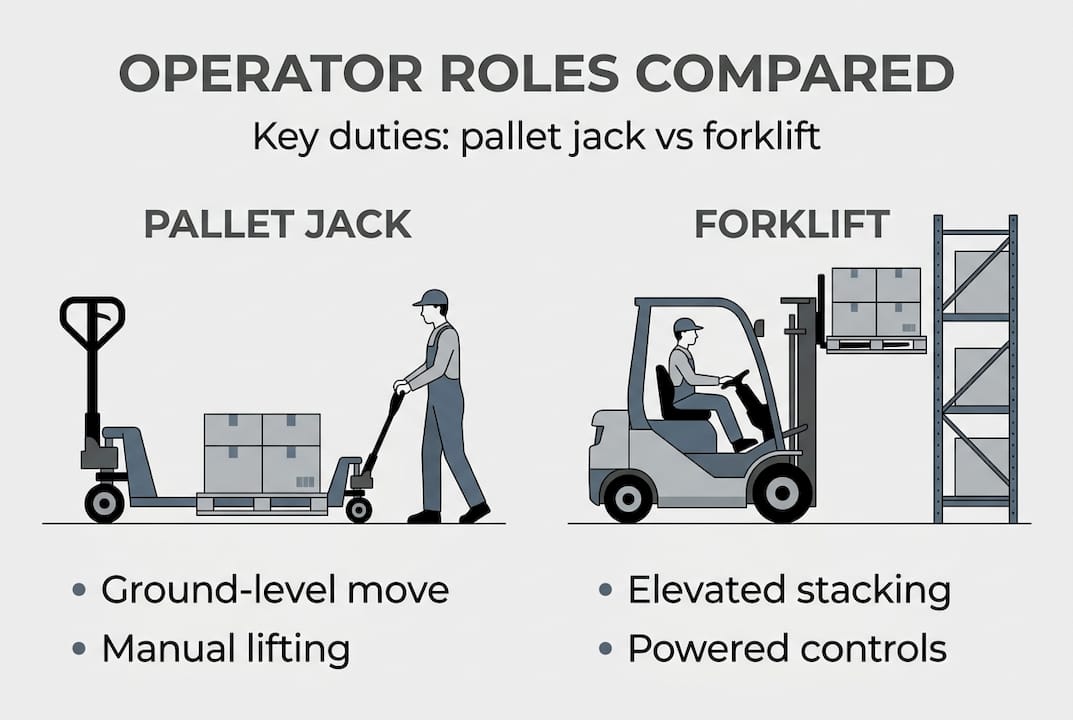 Infographic comparing pallet jack and forklift duties