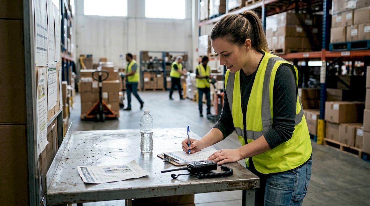 Staff filling safety checklist by aisle