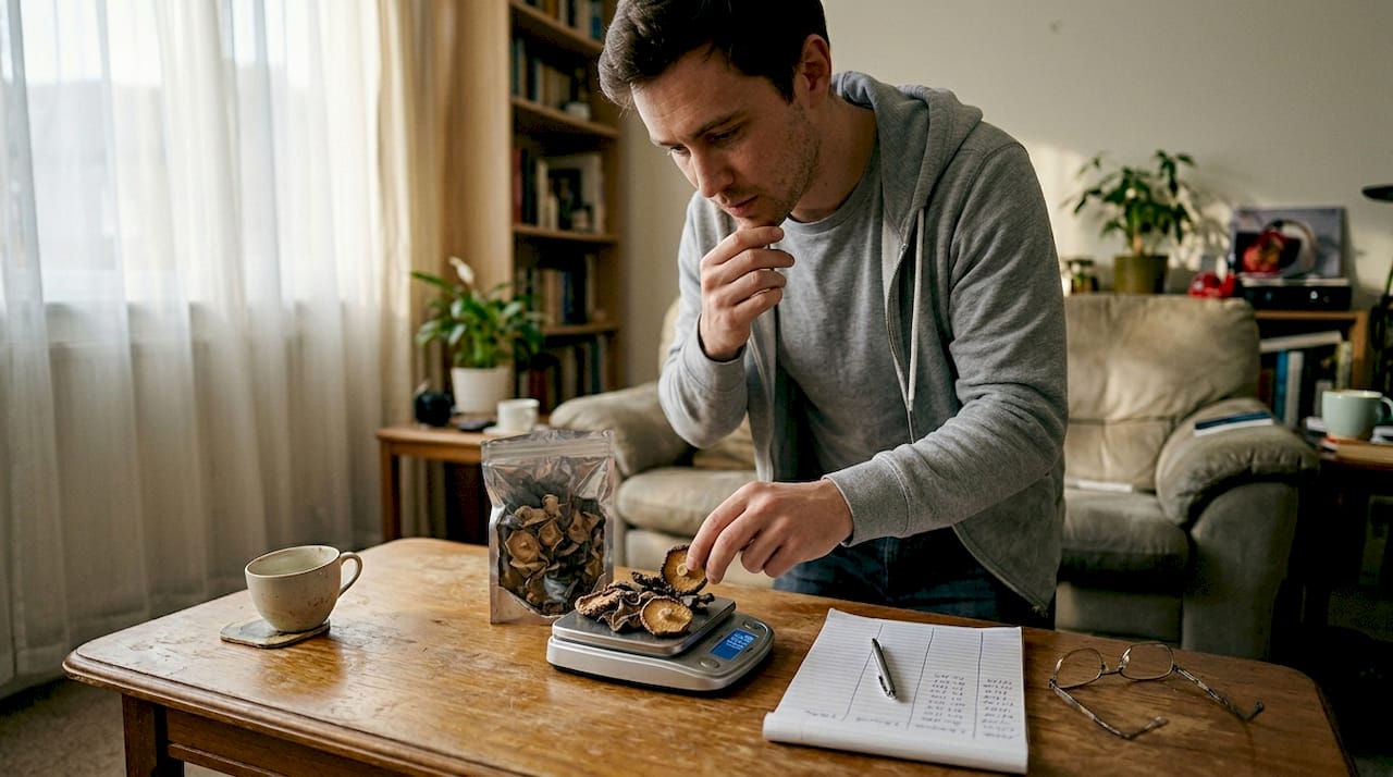 Man preparing mushroom dose in casual living room