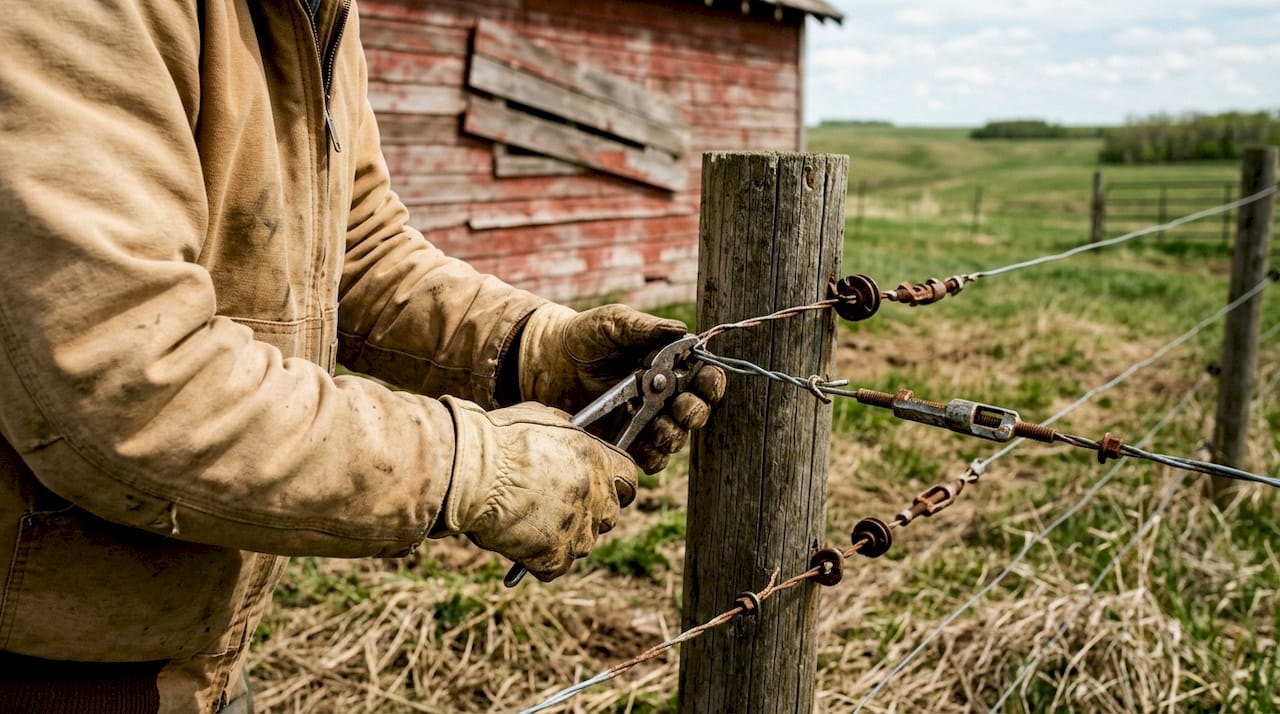 Hands adjusting wire on electric fence