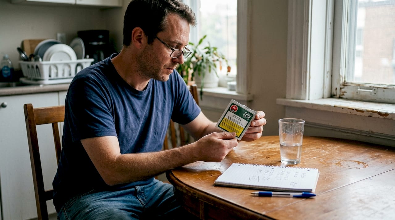 Man reading cannabis edible label thoughtfully