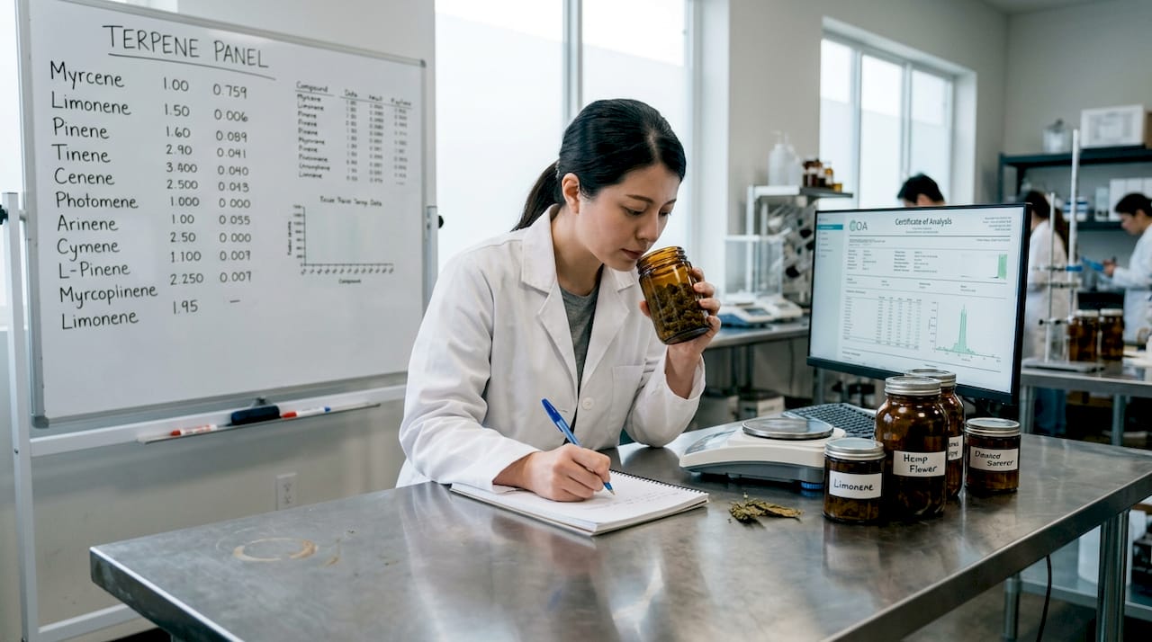 Lab technician evaluating terpenes in hemp flower