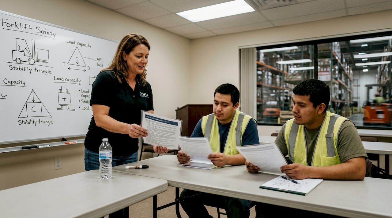 Forklift trainer teaching safety to two trainees