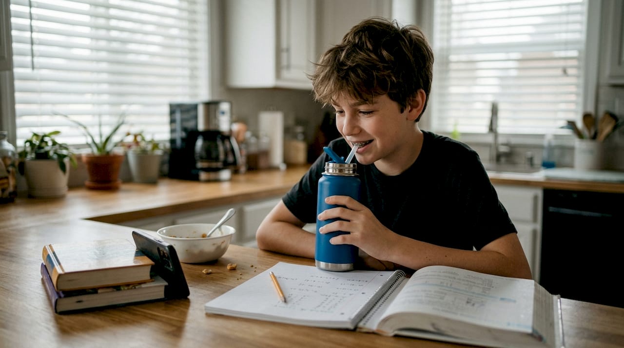 Boy with braces at kitchen counter
