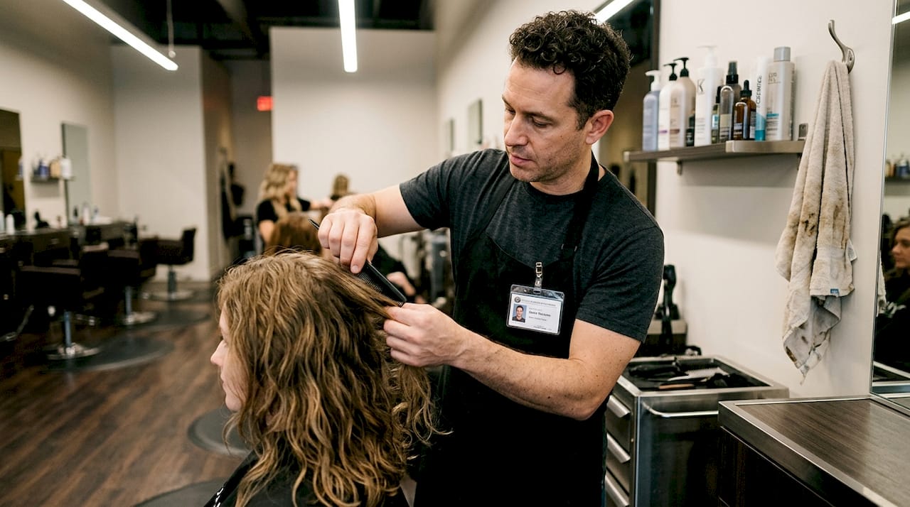 Stylist evaluating client’s hair technique