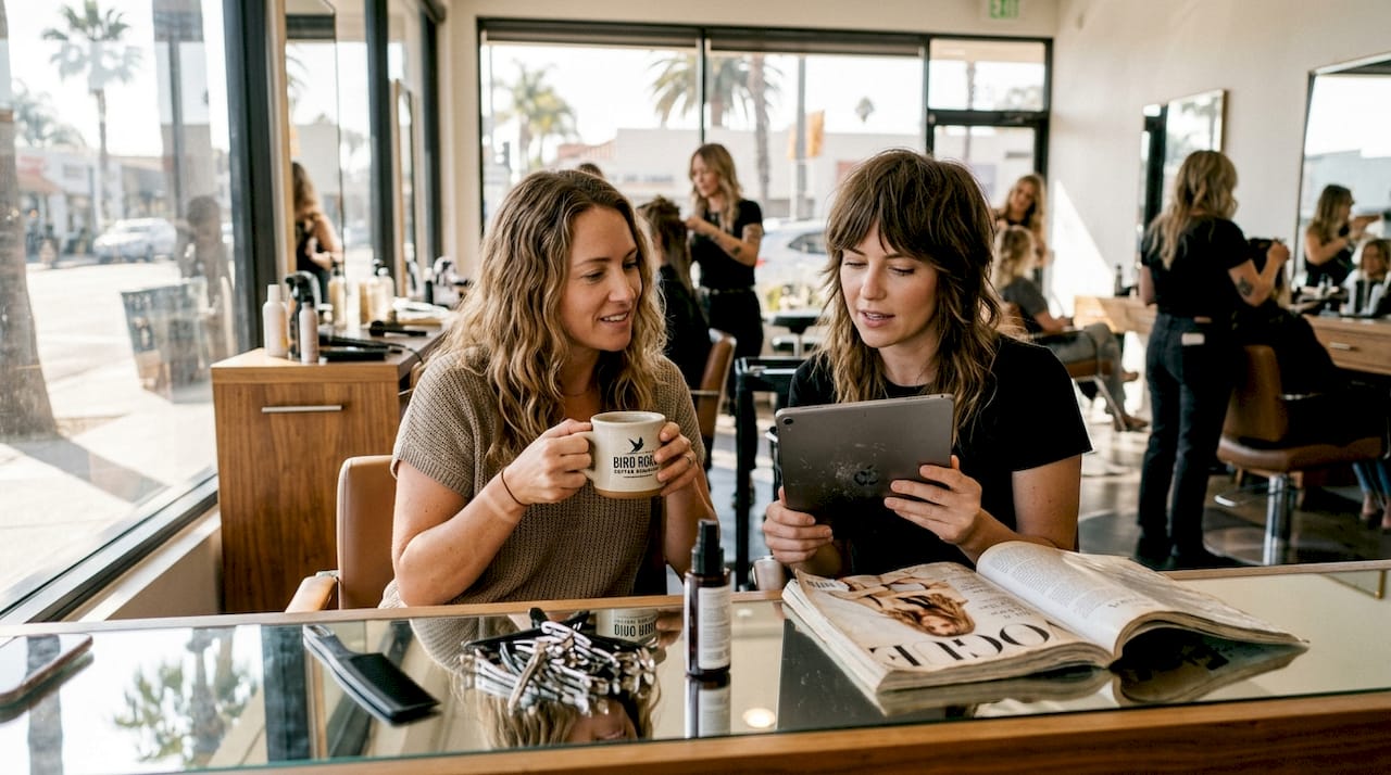 Client discussing hairstyle with La Jolla stylist