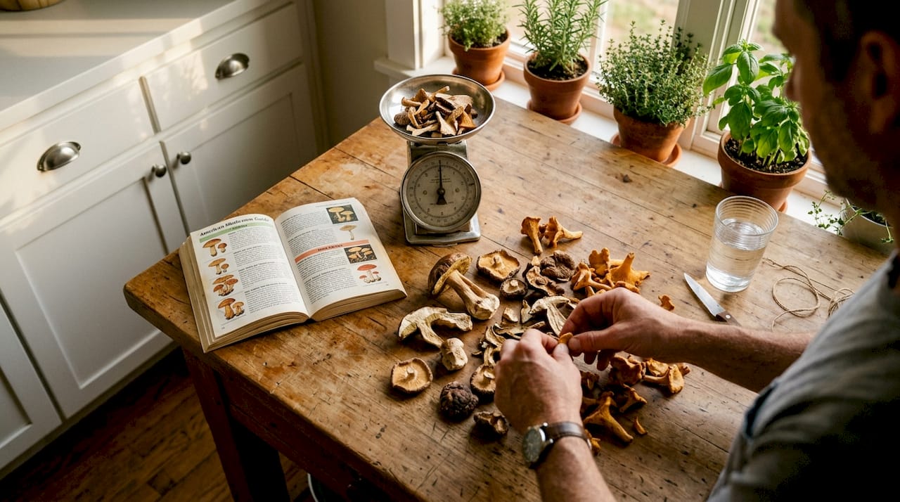 Hands sorting mushrooms with guide and scale