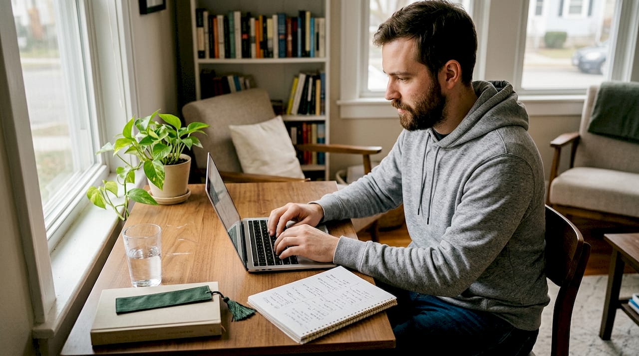 Man focused at desk typing with notes nearby